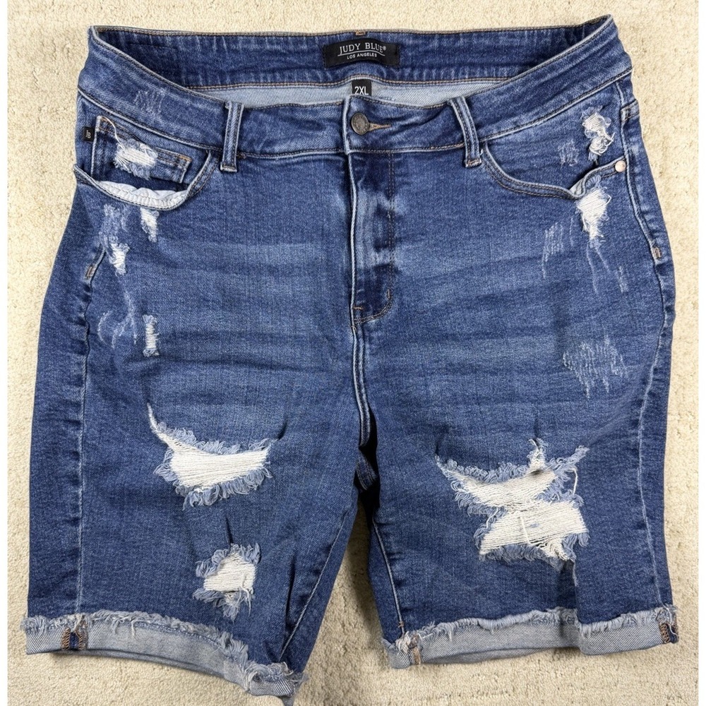 Judy Blue Shorts‎ Womens Blue Denim Stretch High Rise Raw Hem Cutoff Bermuda 2XL